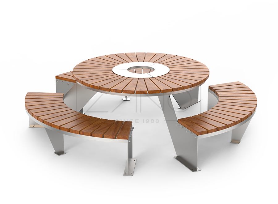 Tavolo da picnic con tre panche in acciaio inox e legno esotico