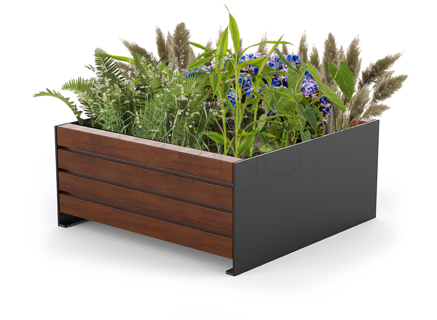 Vaso urbano moderno in acciaio nero e legno