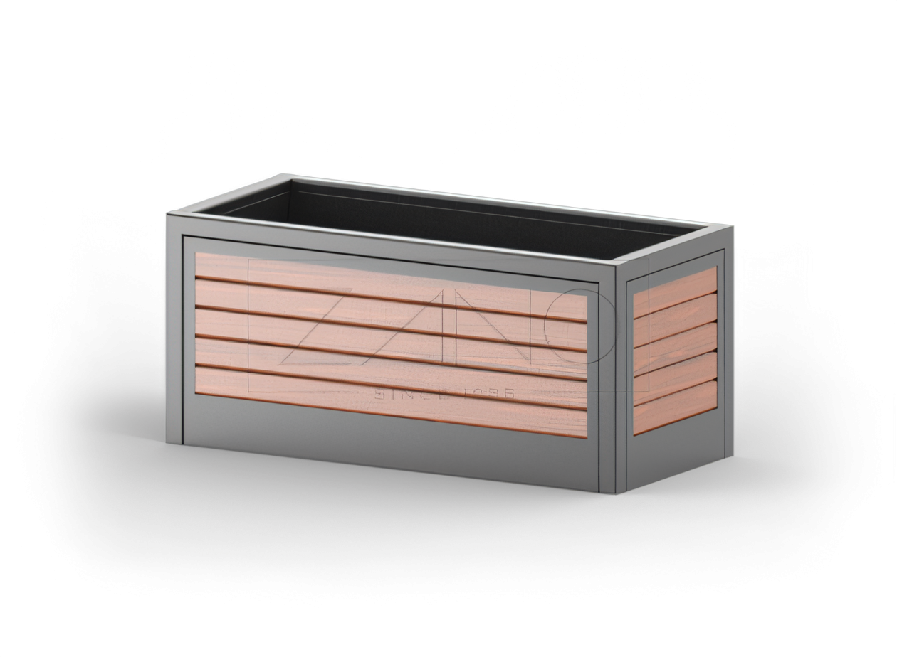 Vaso urbano moderno in acciaio nero e legno Vaso urbano moderno in acciaio nero e legno