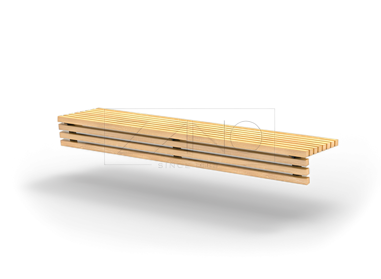 Seduta Flash in legno di abete rosso e acciaio nero su parete in calcestruzzo Seduta Flash in legno di abete rosso e acciaio nero su parete in calcestruzzo