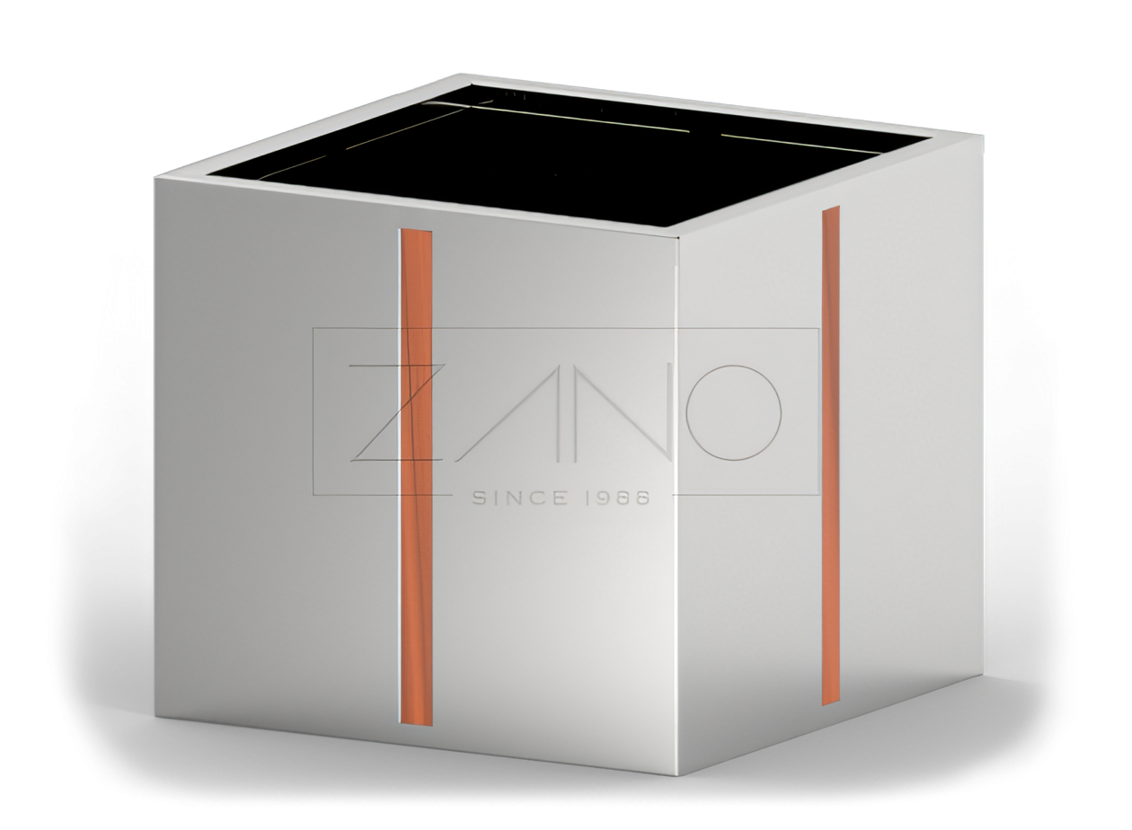 Vaso in acciaio inox con elementi in legno per aree pubbliche