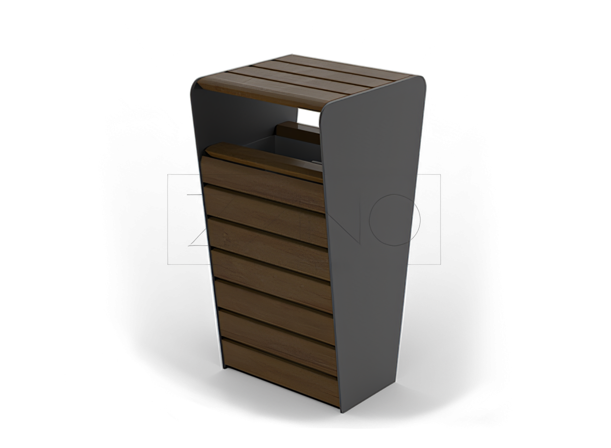 Cestino morbido da città con tettuccio in acciaio al carbonio e legno Cestino morbido da città con baldacchino, design unico, realizzato in acciaio inox e legno di abete rosso