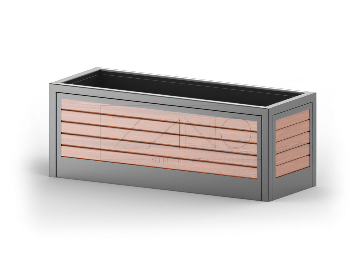 Vaso urbano moderno in acciaio nero e legno Vaso urbano moderno in acciaio nero e legno