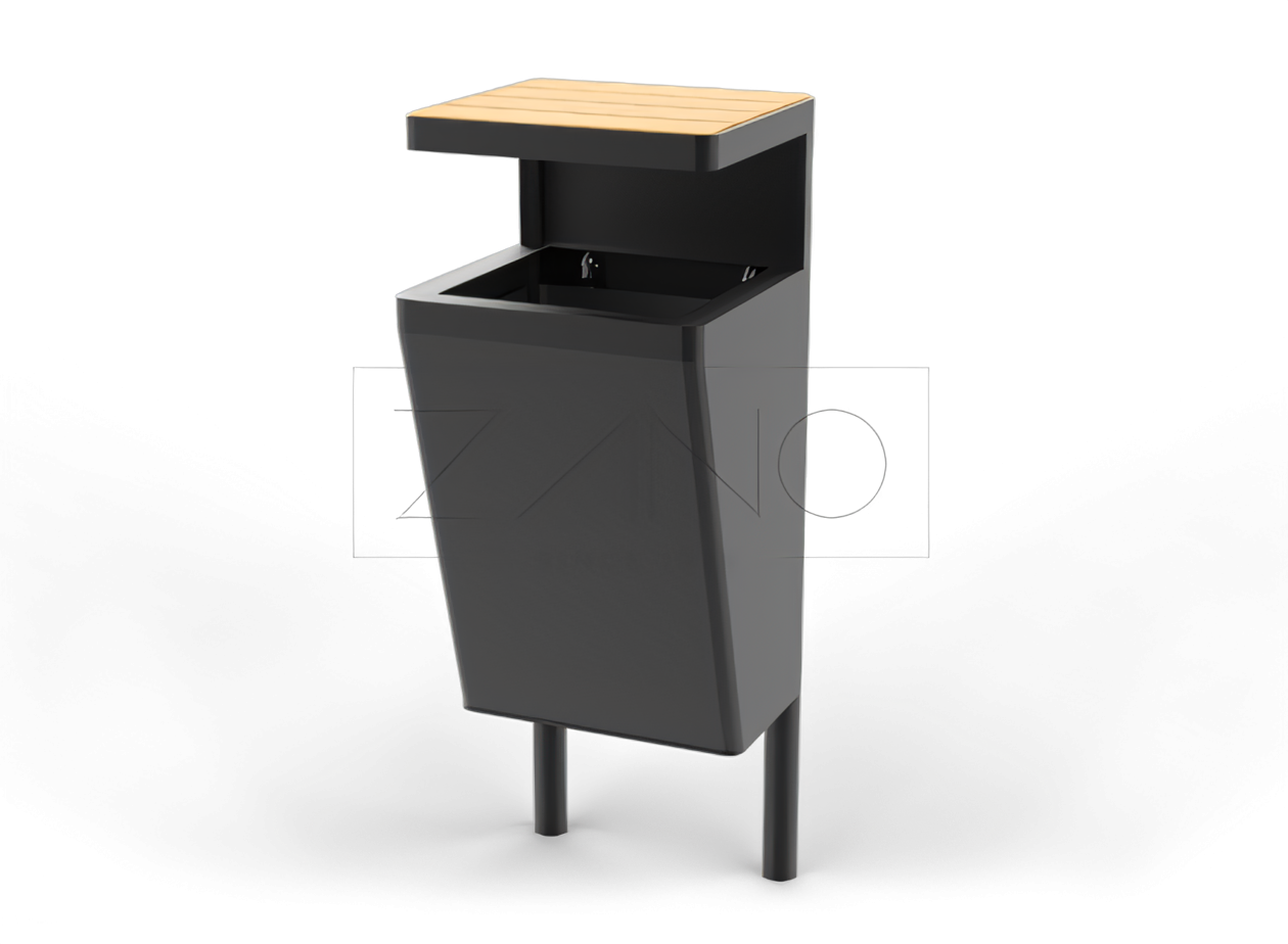 Cestino Scandik 03.046.1 Cestino per rifiuti moderno e alla moda in acciaio e legno. Acciaio verniciato a polvere in RAL 9005.