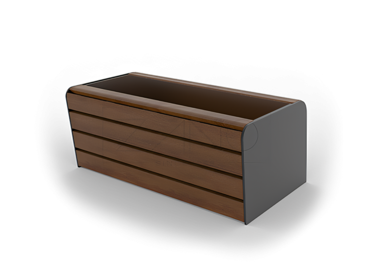 Vaso per alberi urbani allungato in acciaio al carbonio e legno