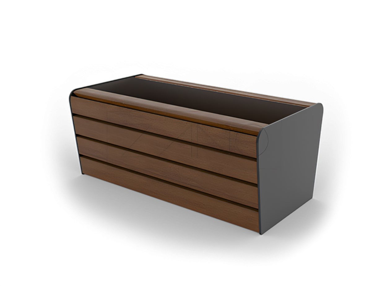 Un vaso allungato per un albero o un fiore, ideale per una galleria, una stazione ferroviaria, un aeroporto o un mercato.