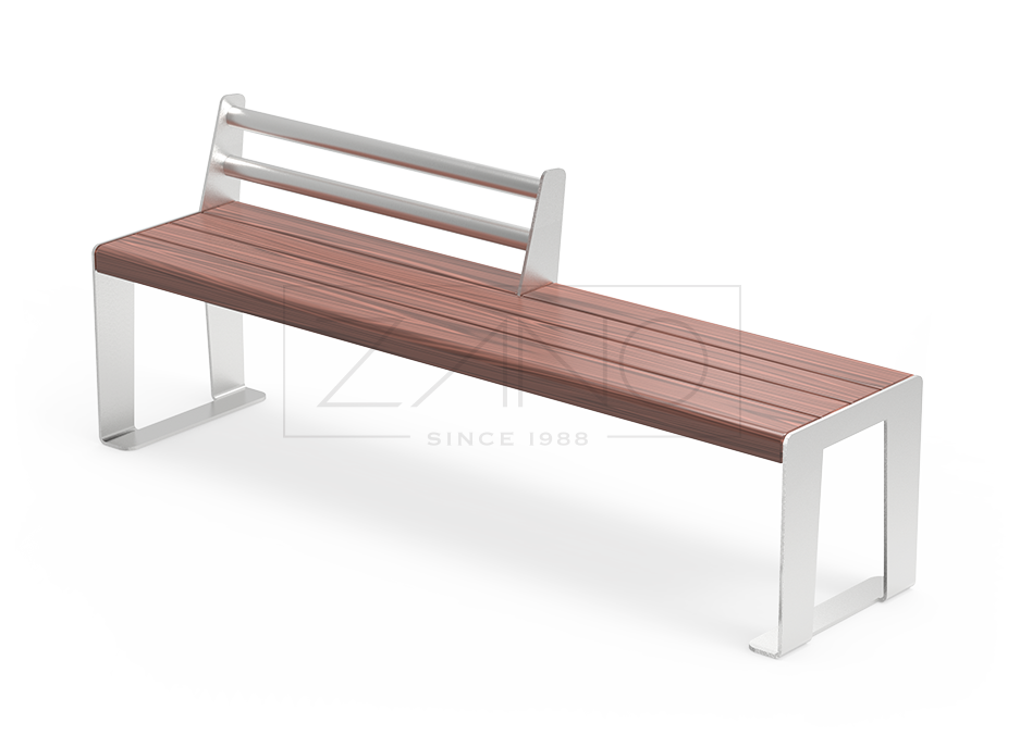 Panchina da città Reliq in acciaio inox e legno, con mezzo schienale