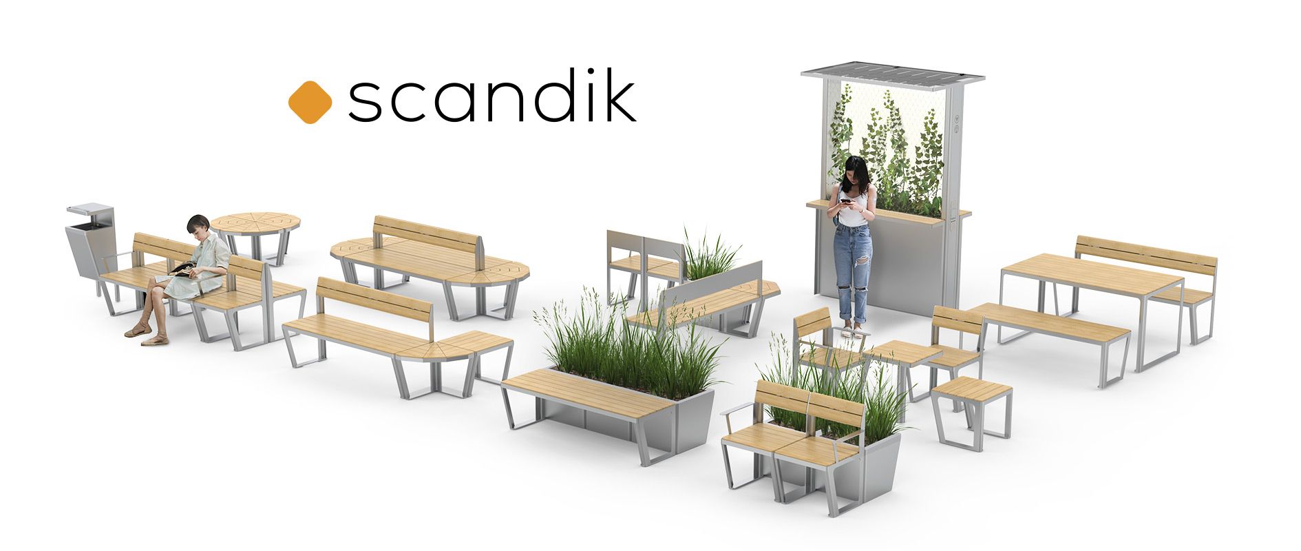 Arredo urbano Scandik: panchine, fioriere, cestini, stazione solare