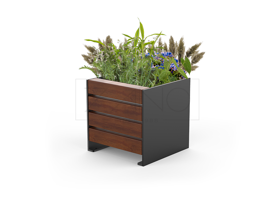 Vaso urbano moderno in acciaio nero e legno