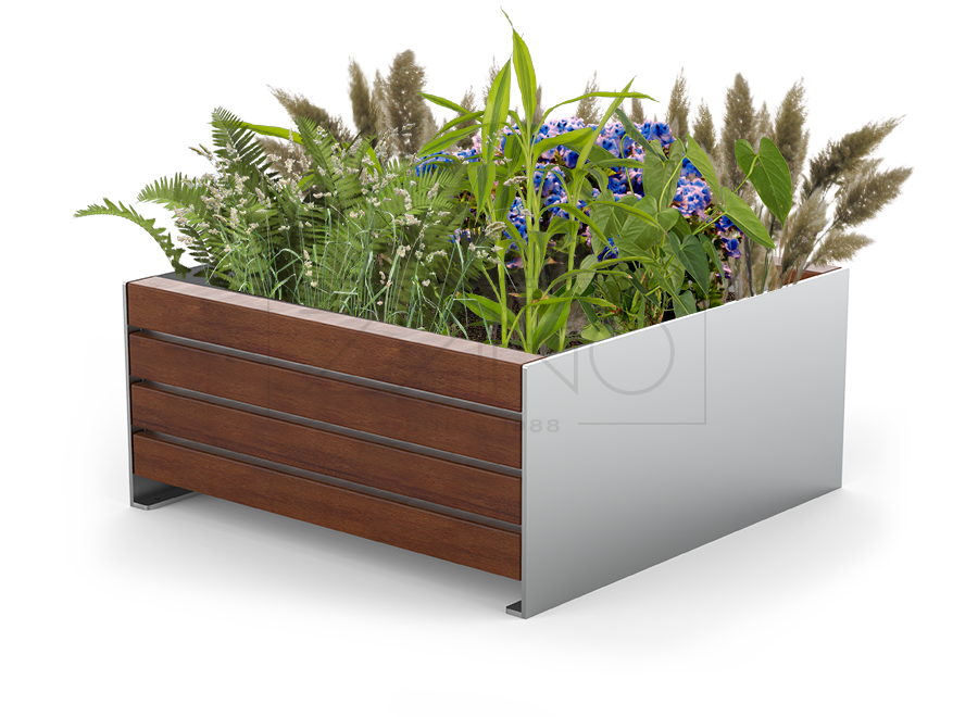 Vaso urbano moderno in acciaio inox e legno
