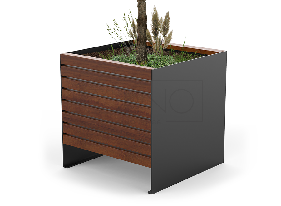 Vaso urbano moderno in acciaio nero e legno