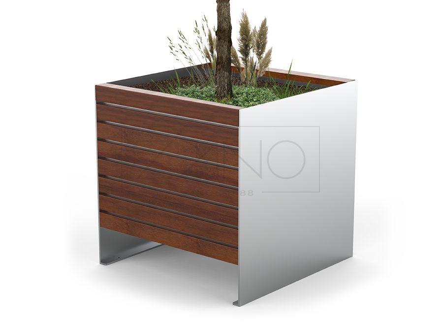 Vaso urbano moderno in acciaio inox e legno