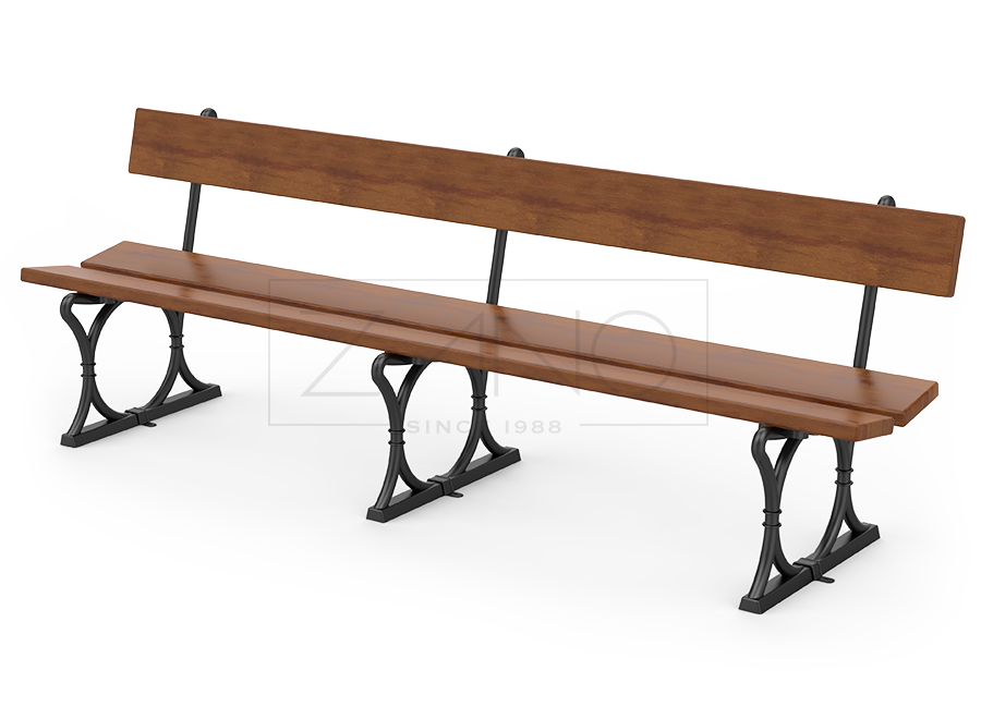 Panchina lunga in ghisa con struttura in legno.