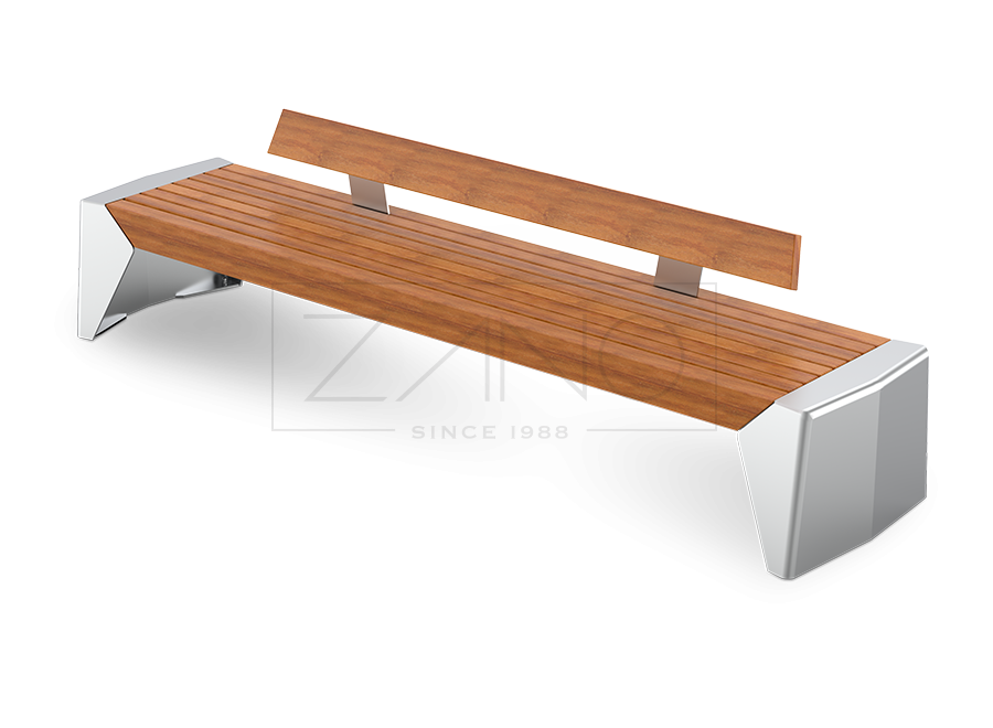 Panchina lunga con schienale in acciaio inox e legno esotico