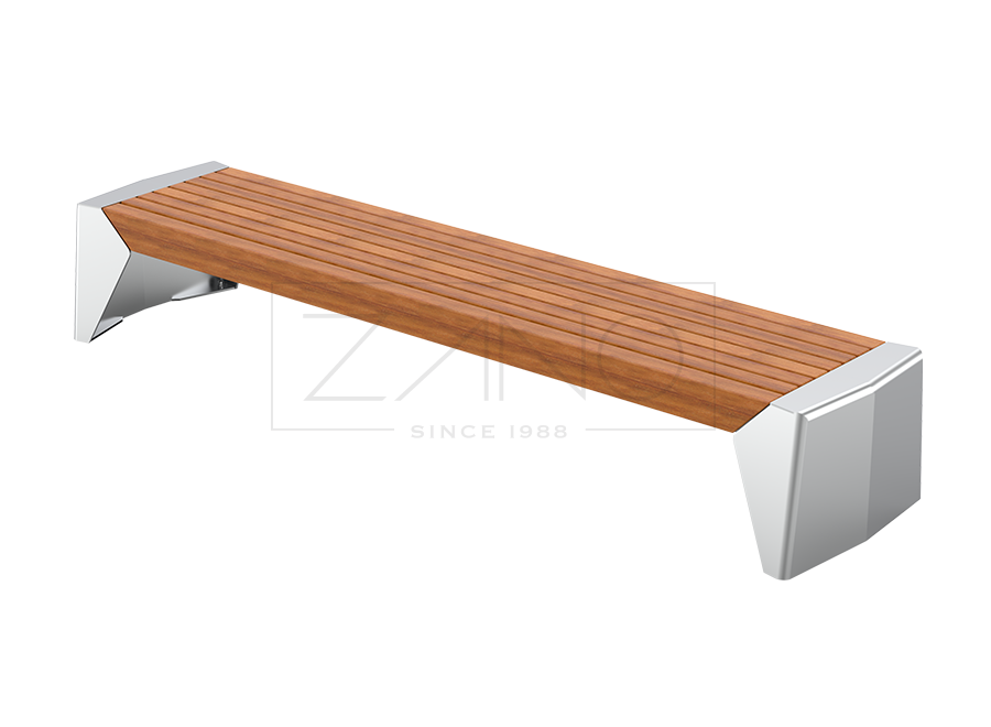 grande e solida panchina da città in acciaio inox e legno esotico