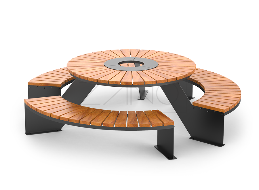 Tavolo da parco con tre panchine integrate in acciaio strutturale, verniciato e legno esotico